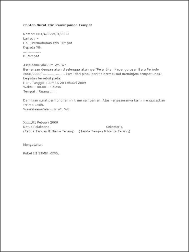 Contoh Surat Permohonan Pemakaian Lokasi