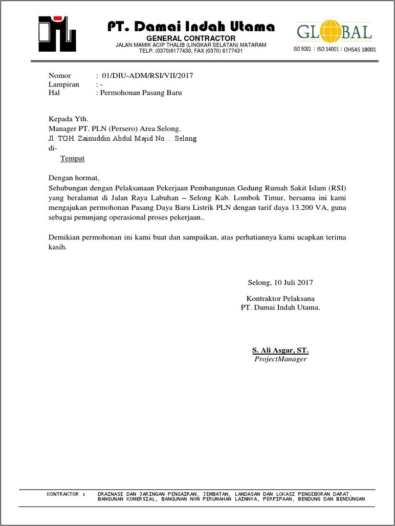 Contoh Surat Permohonan Pemasangan Air Pam Ke Sudin