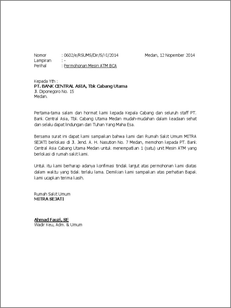 Contoh Surat Permohonan Pemasangan Mesin Atm