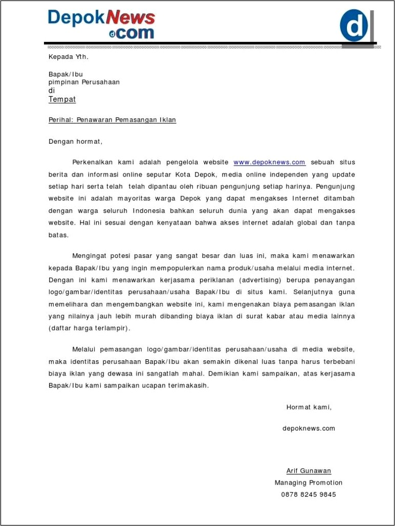 Contoh Surat Permohonan Pemasangan Videotron