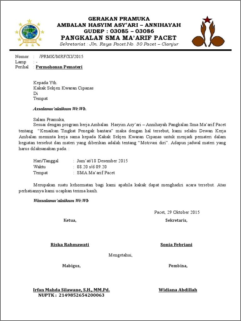 Contoh Surat Permohonan Pemateri Operator