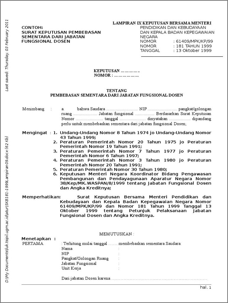 Contoh Surat Permohonan Pembebasan Sementara Dari Jabatan Fungsional