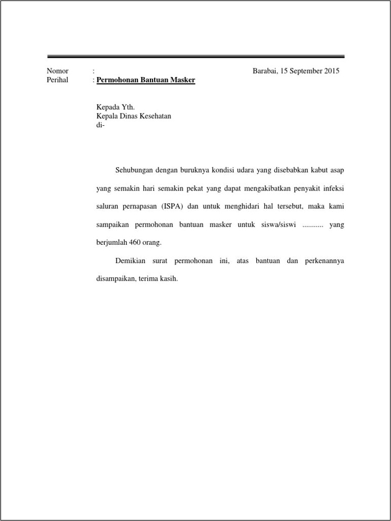 Contoh Surat Permohonan Pembelian Masker