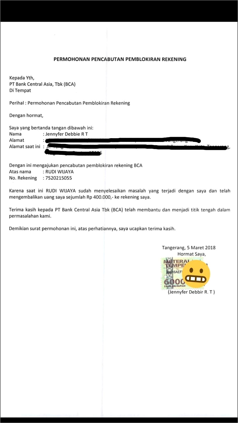 Contoh Surat Permohonan Pemblokiran Rekening Penipu