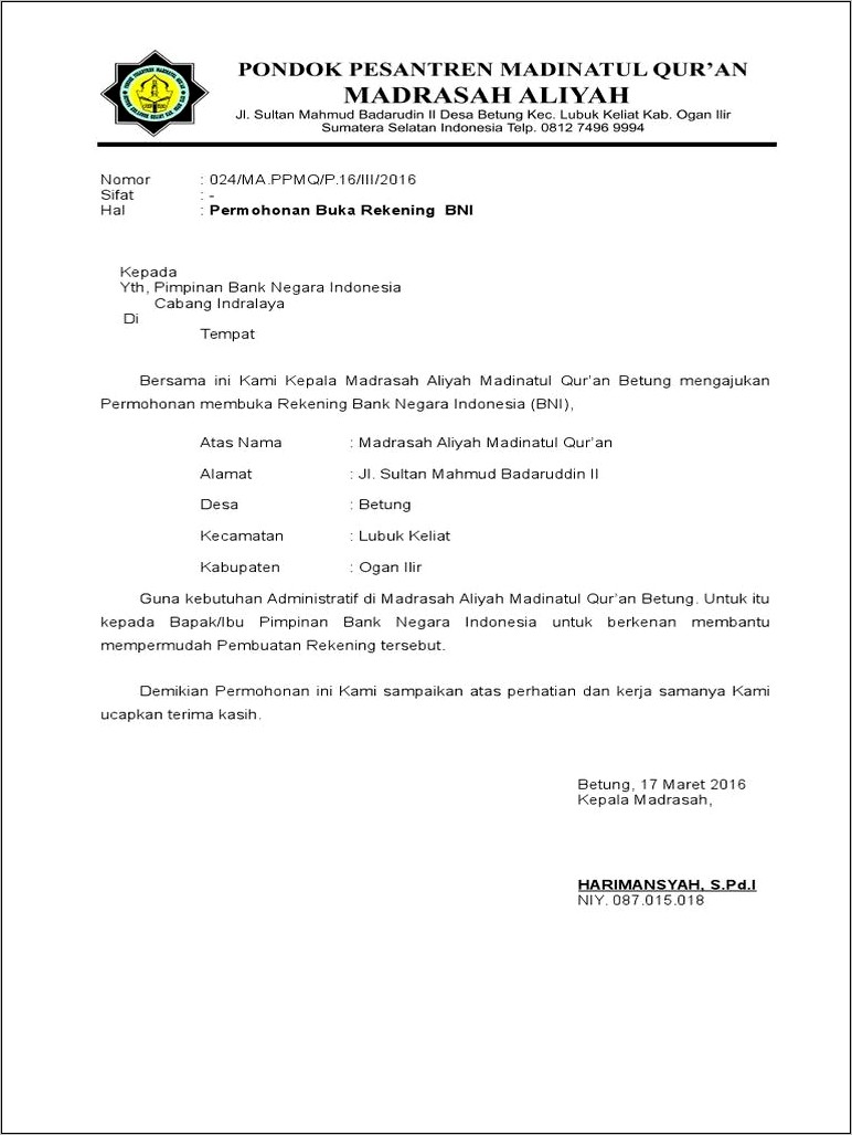 Contoh Surat Permohonan Pembukaan Rekening Bank Dari Perusahaan