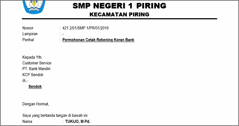 Contoh Surat Permohonan Pembukaan Rekening Bos