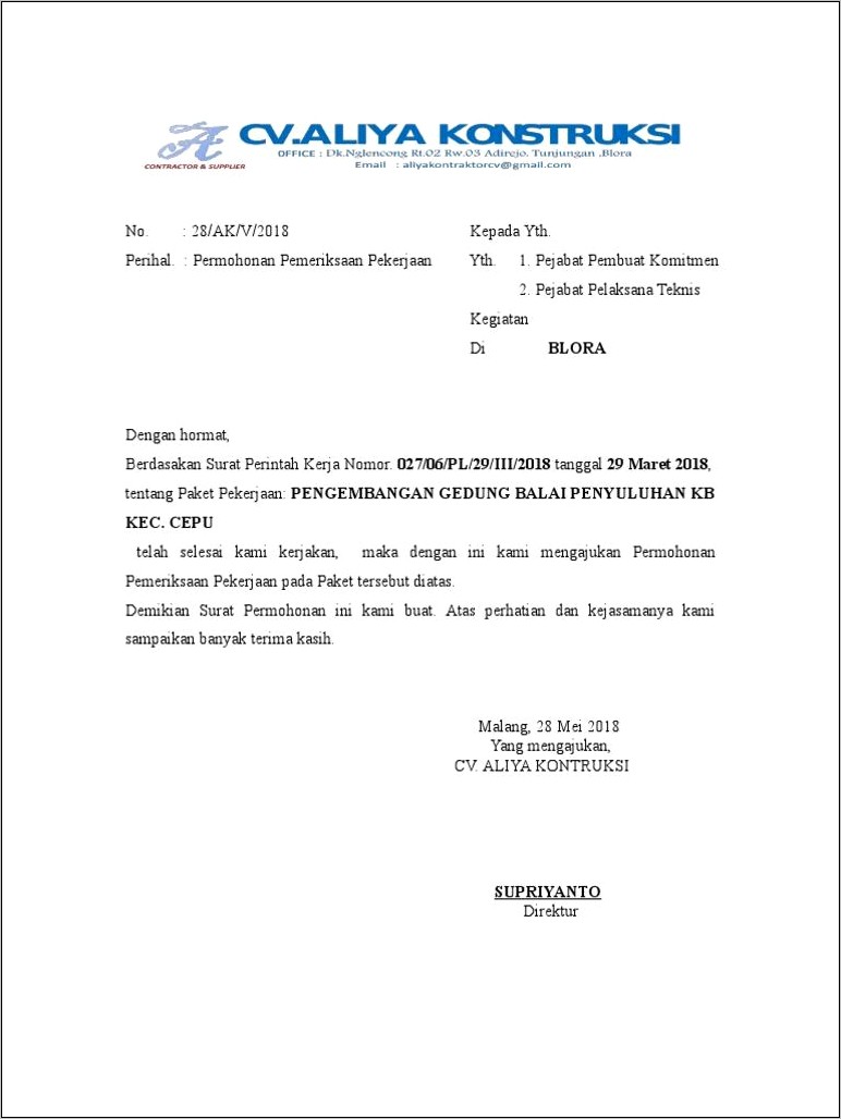Contoh Surat Permohonan Pemeriksaan Pemasangan