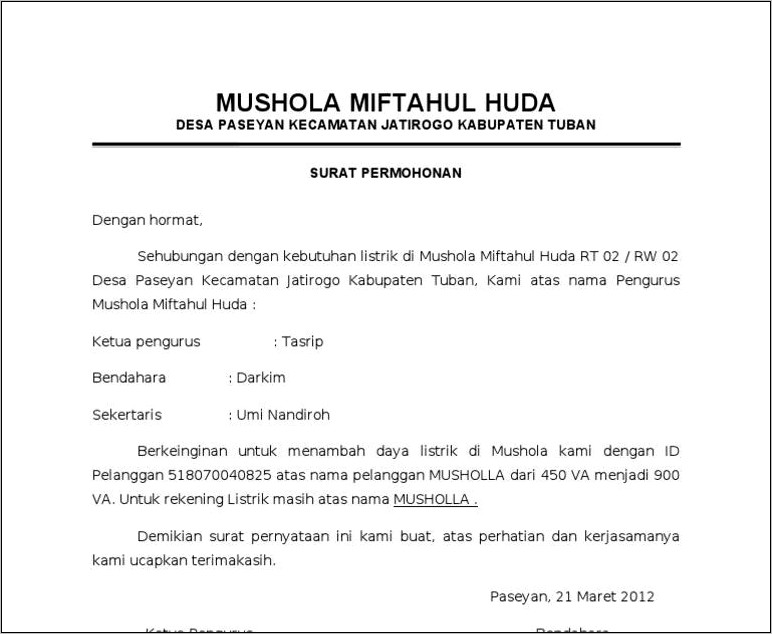 Contoh Surat Permohonan Pemindahan Meteran Listrik