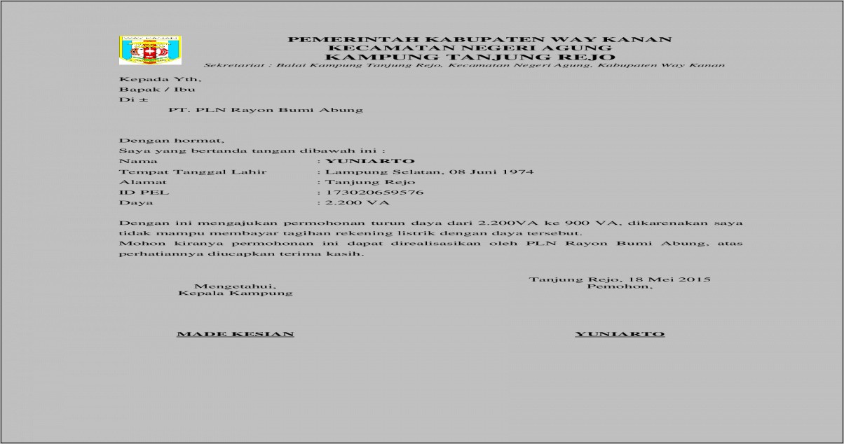 Contoh Surat Permohonan Pemutusan Listrik