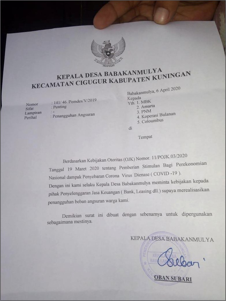 Contoh Surat Permohonan Penaggguhan Pembiayaan