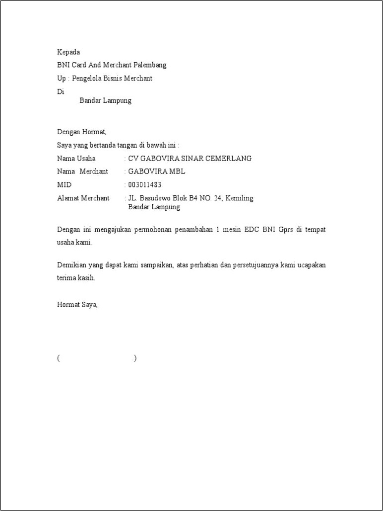 Contoh Surat Permohonan Penambahan Fasilitas Edc