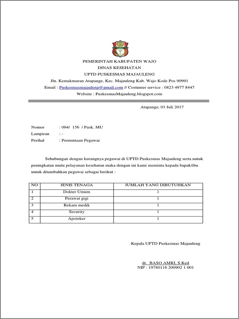 Contoh Surat Permohonan Penambahan Pegawai Pns