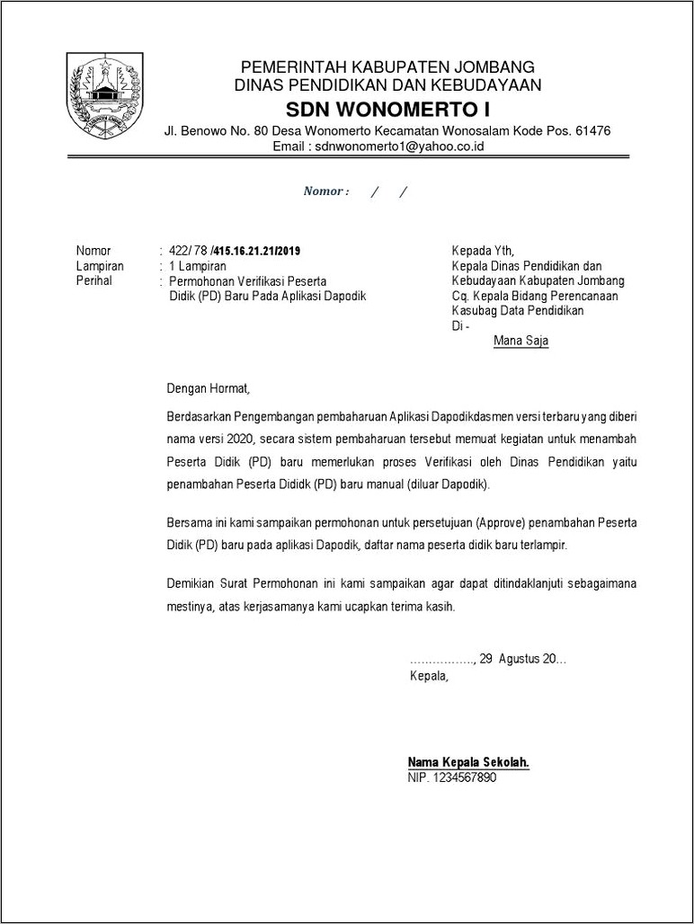 Contoh Surat Permohonan Penambahan Siswa