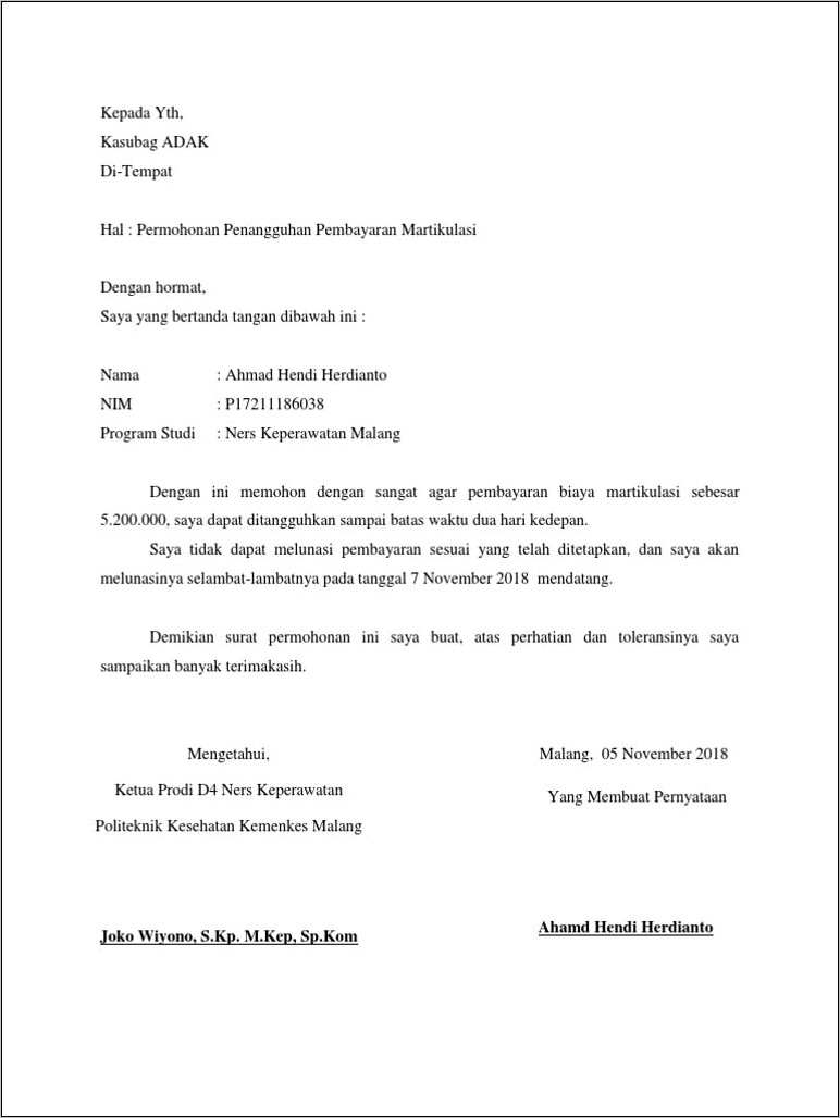Contoh Surat Permohonan Penangguhan Pembayaran Uang Muka