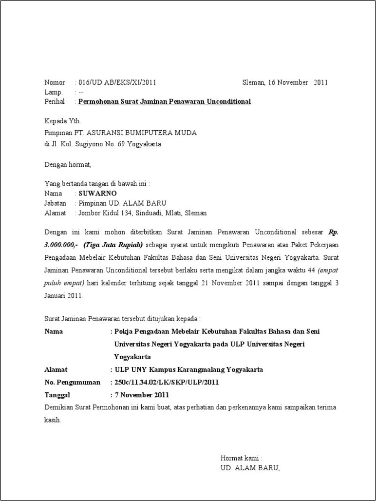 Contoh Surat Permohonan Penarikan Jaminan Pelaksanaan Bank