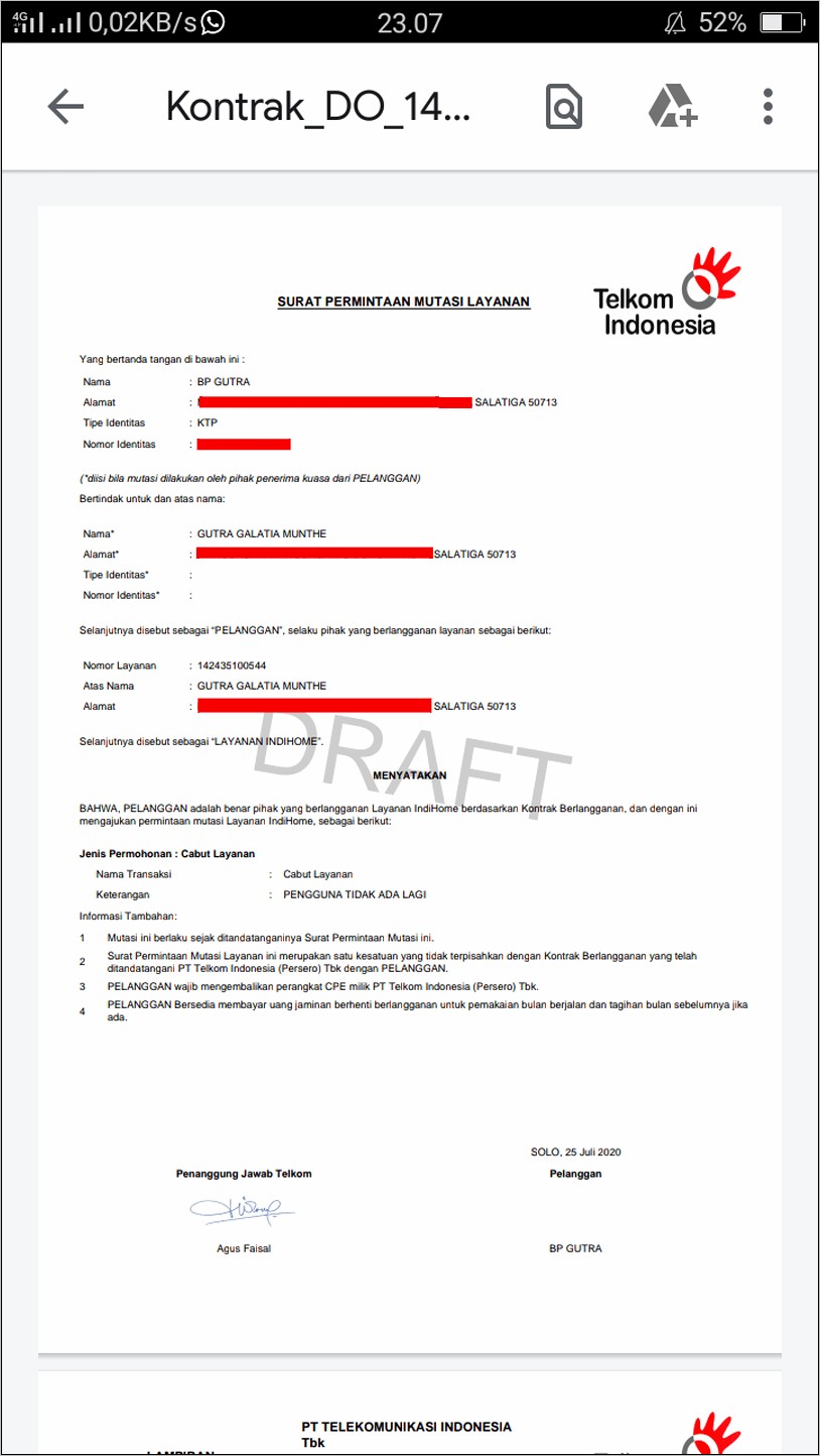 Contoh Surat Permohonan Pencabutan Speedy