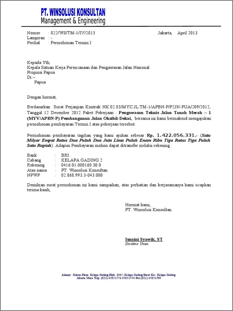Contoh Surat Permohonan Pencairan Fee