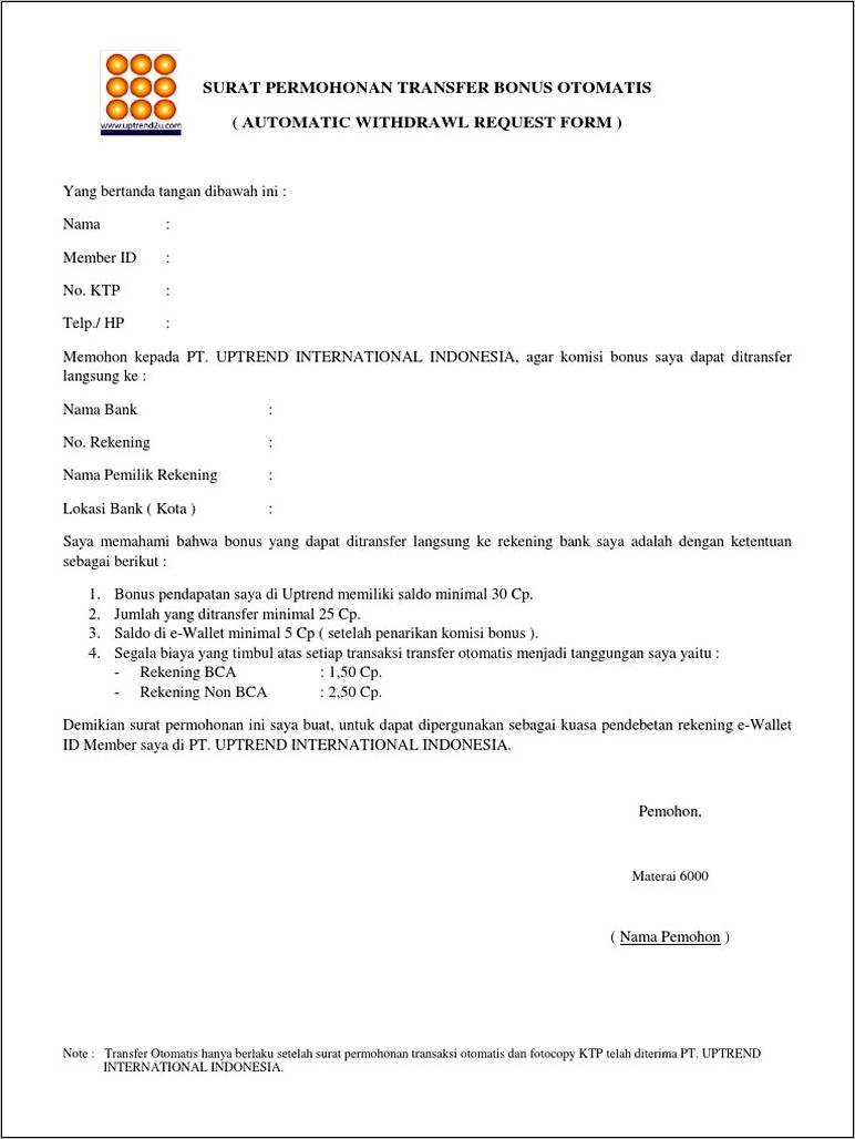 Contoh Surat Permohonan Pendebet