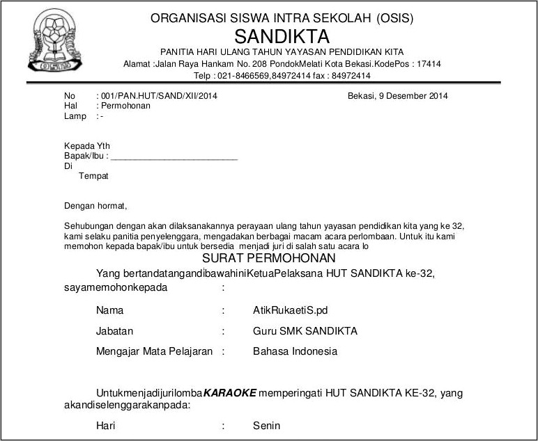 Contoh Surat Permohonan Pendelegasian Lomba