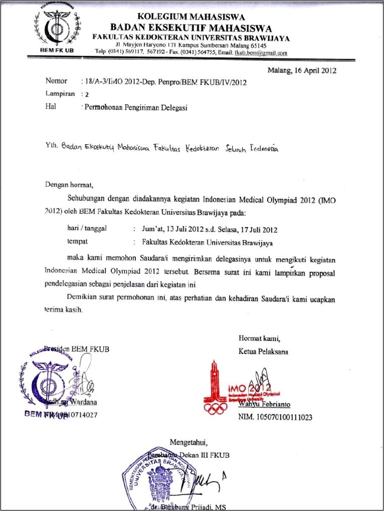 Contoh Surat Permohonan Pendelegasian
