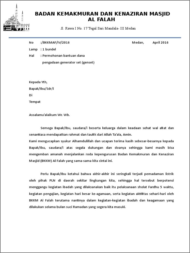 Contoh Surat Permohonan Pengadaan Genset