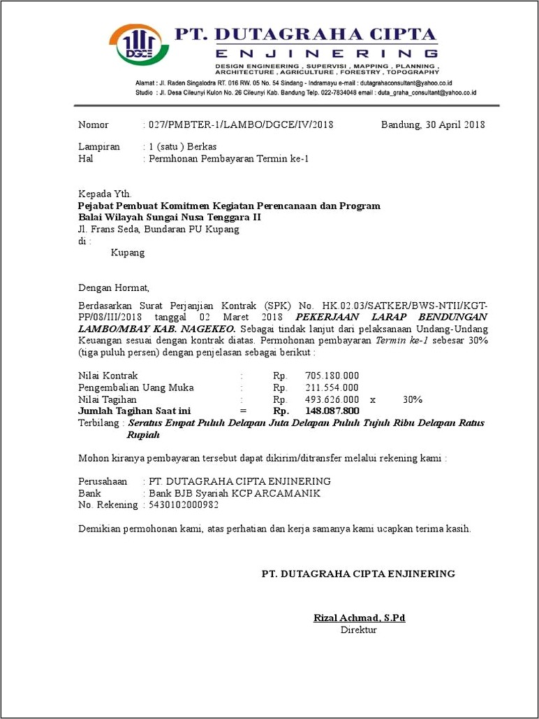 Contoh Surat Permohonan Pengajuan Pembayaran Sertifikat Bulanan Termin Proyek