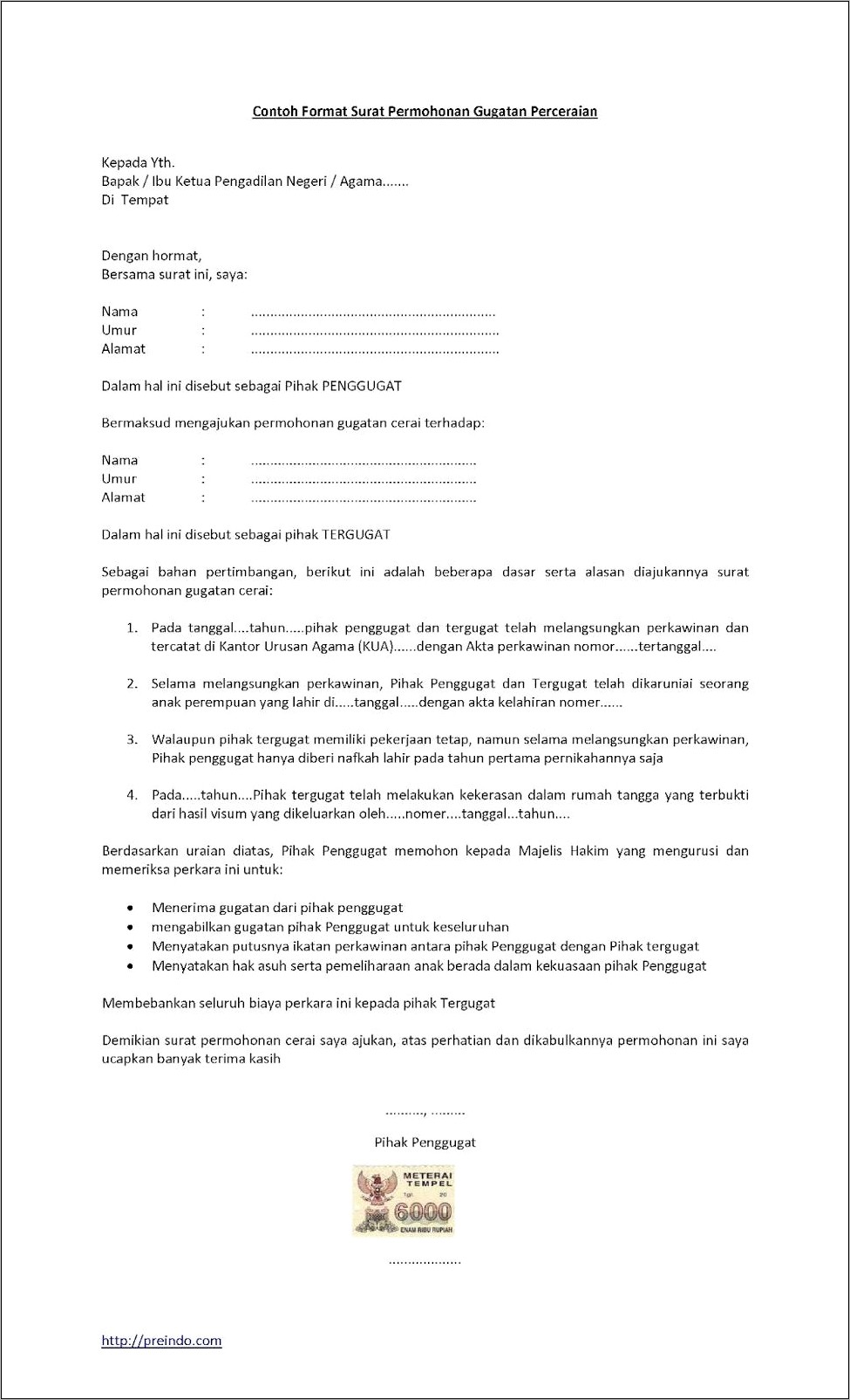 Contoh Surat Permohonan Pengambilan Blangko Nikah Rujuk