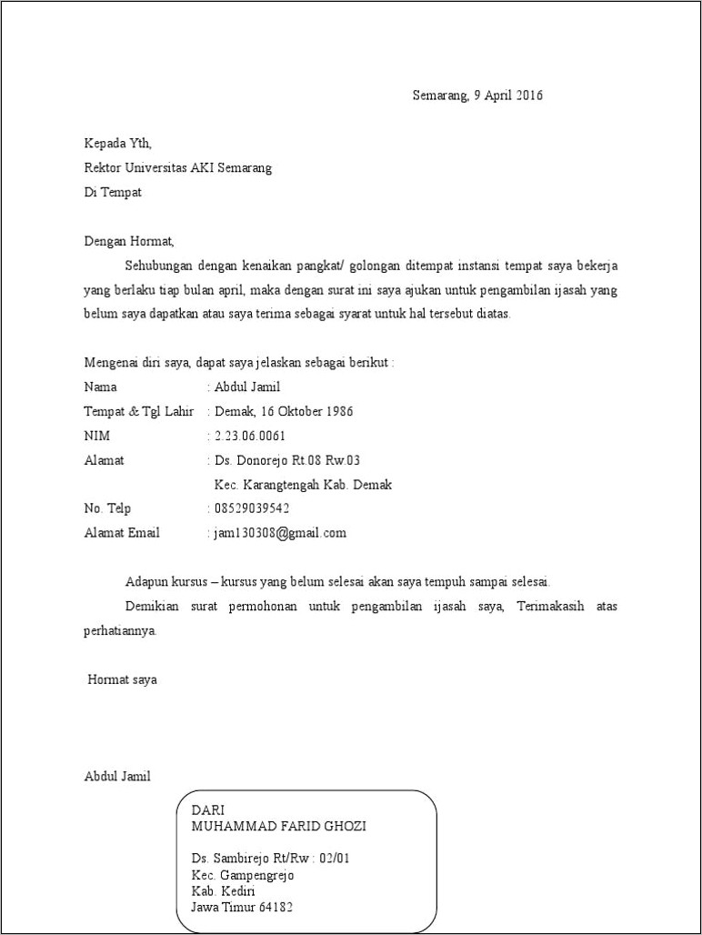 Contoh Surat Permohonan Pengambilan Ijzah