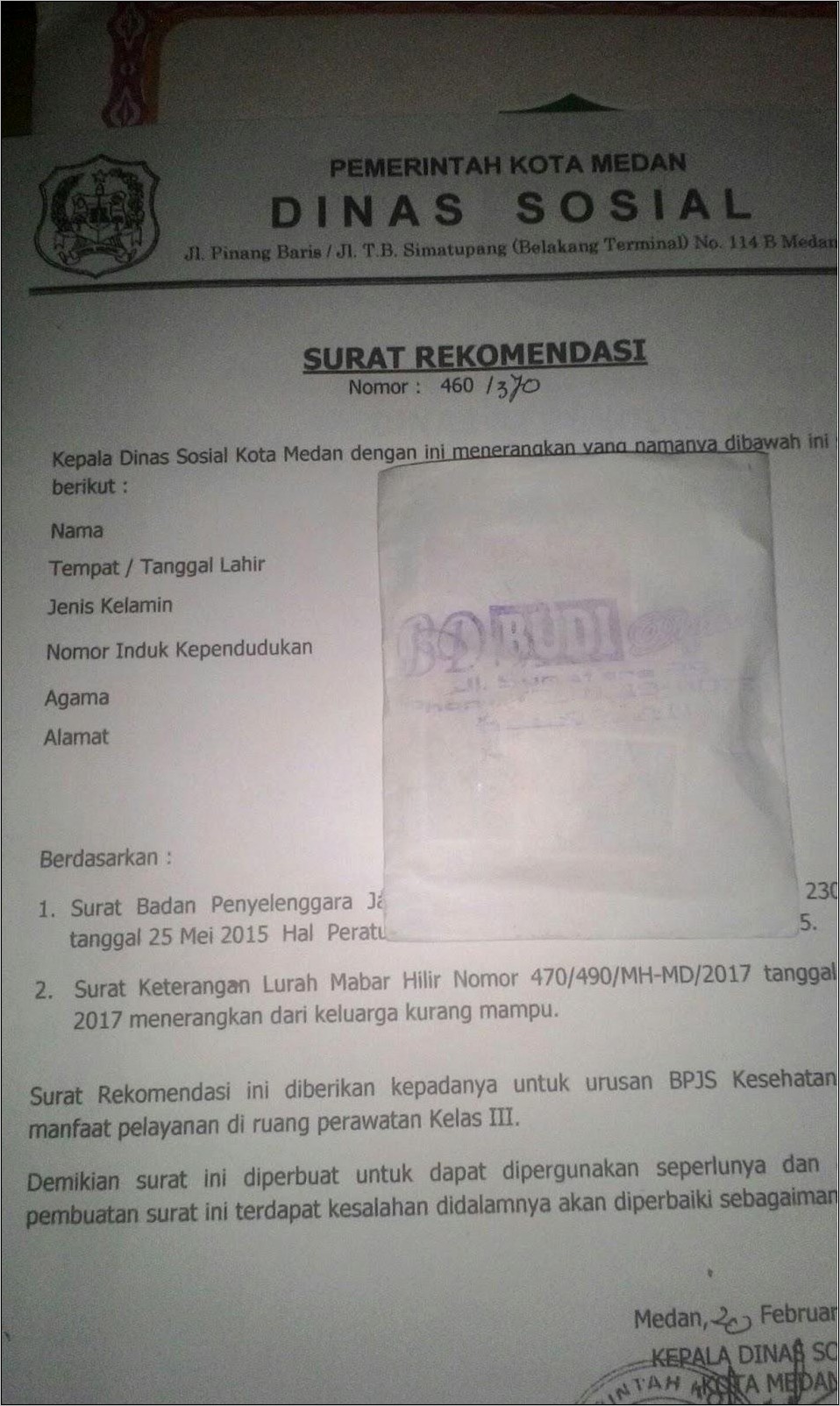 Contoh Surat Permohonan Pengambilan Kartu Bpjs