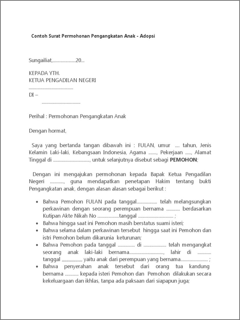 Contoh Surat Permohonan Pengangkatan Anak Di Pengadilan Agama