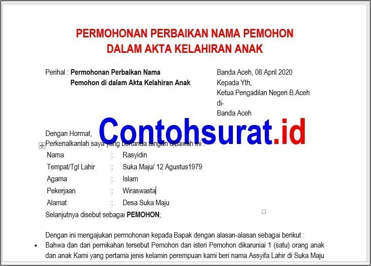 Contoh Surat Permohonan Pengangkatan Anak Di Pengadilan Negeri