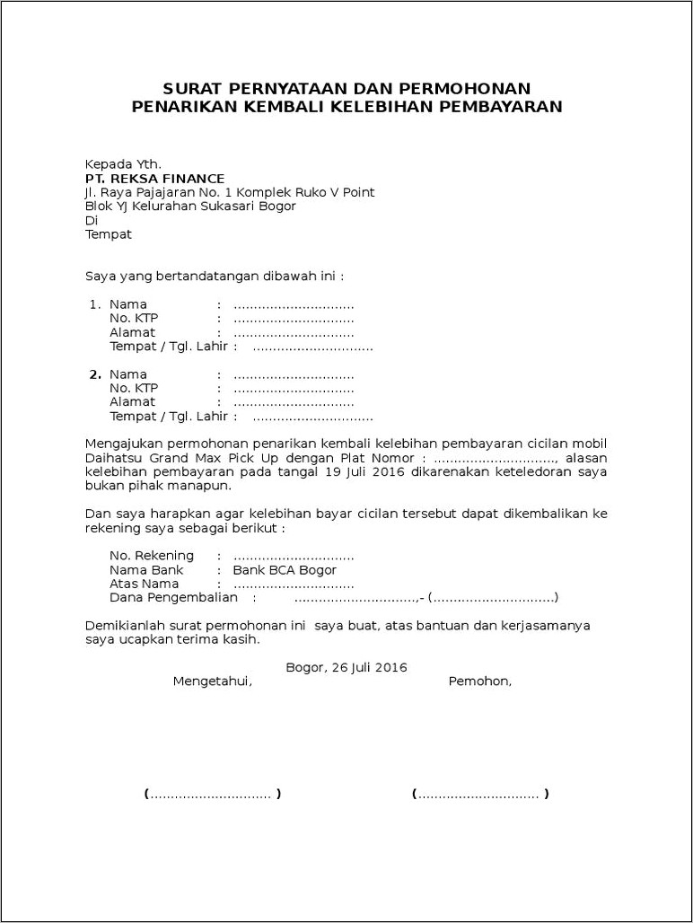 Contoh Surat Permohonan Pengembalian Uang