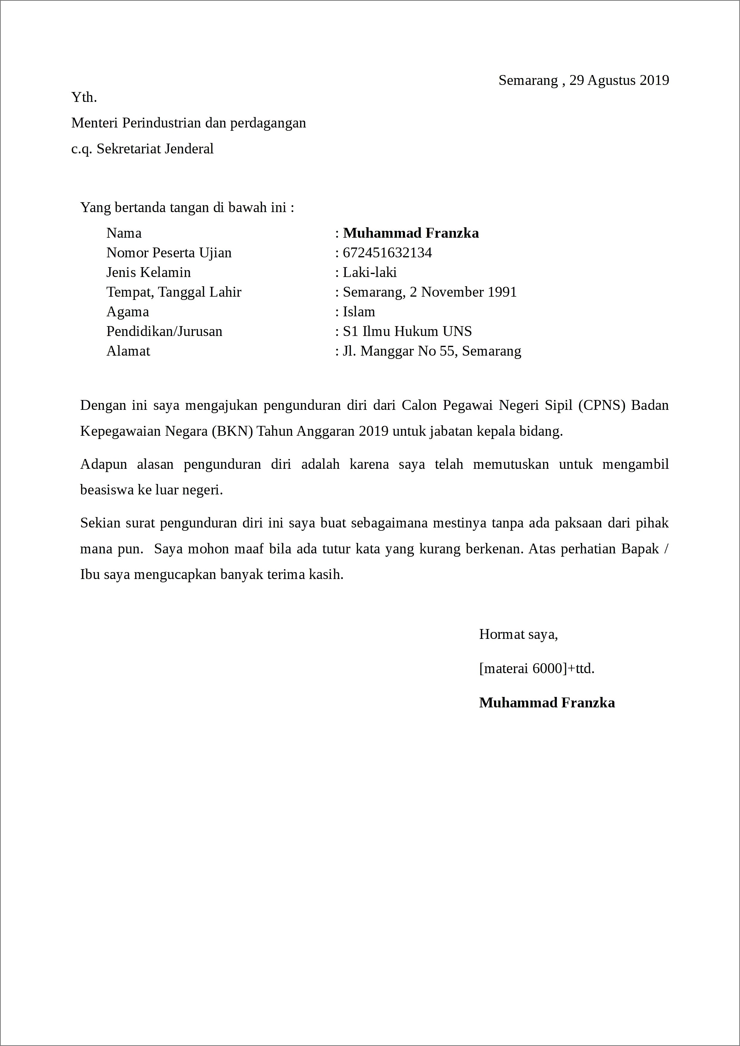 Contoh Surat Permohonan Pengunduran Diri