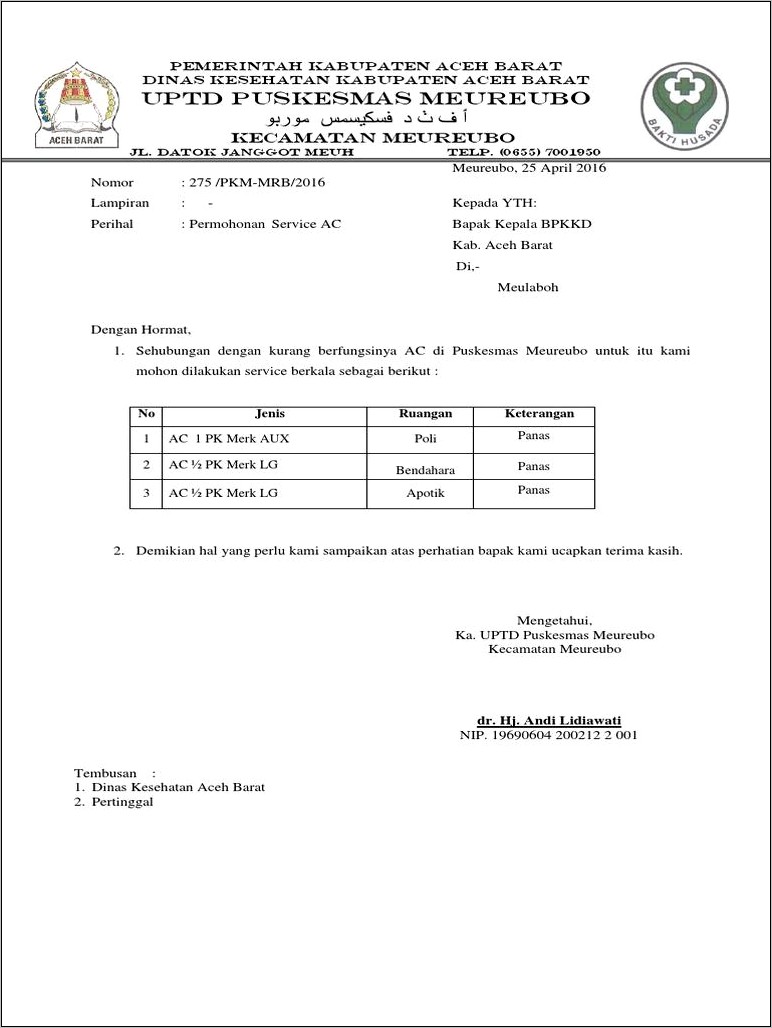 Contoh Surat Permohonan Perbaikan Ac