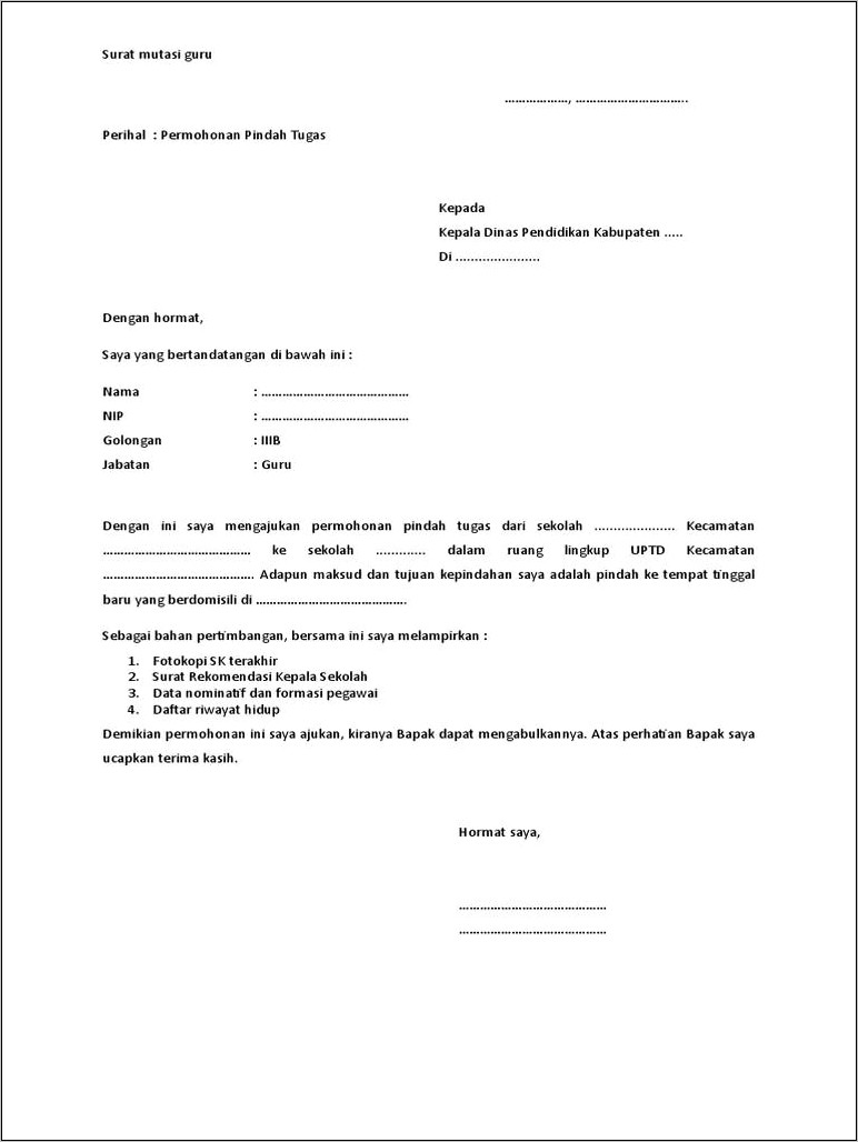 Contoh Surat Permohonan Rekomendasi Pindah Tugas  Surat permohonan