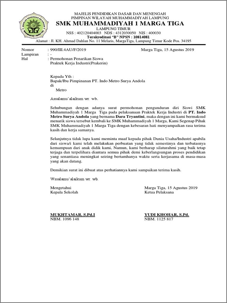 Contoh Surat Permohonan Pkl Smk