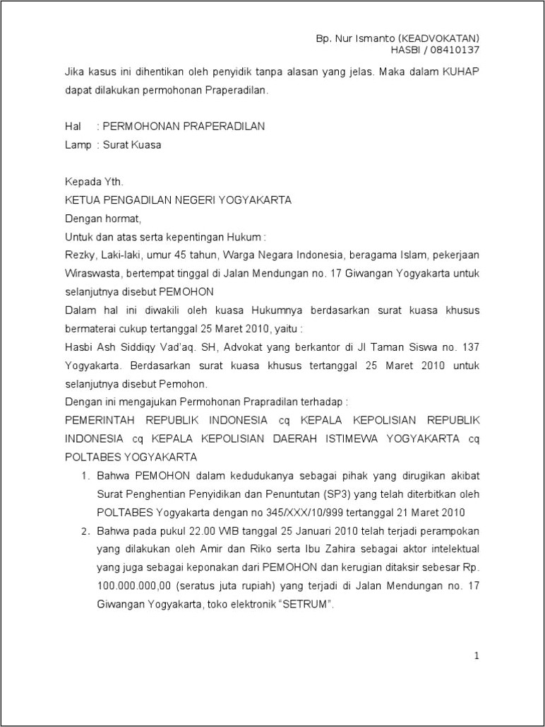 Contoh Surat Permohonan Praperadilan