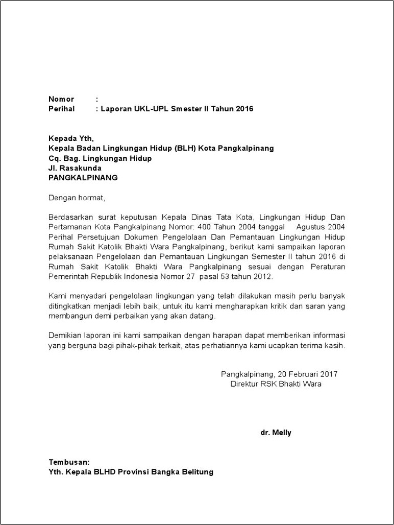 Contoh Surat Permohonan Rekomendasi Ukl Upl