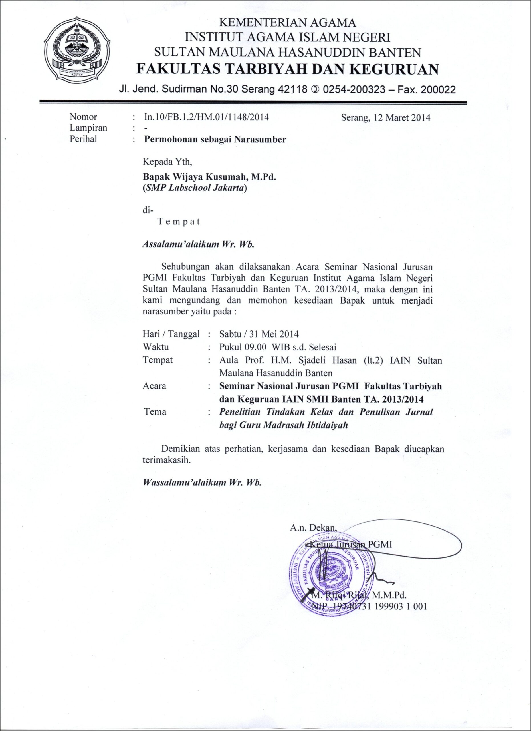 Contoh Surat Permohonan Sebagai Pembicara Dalam Seminar