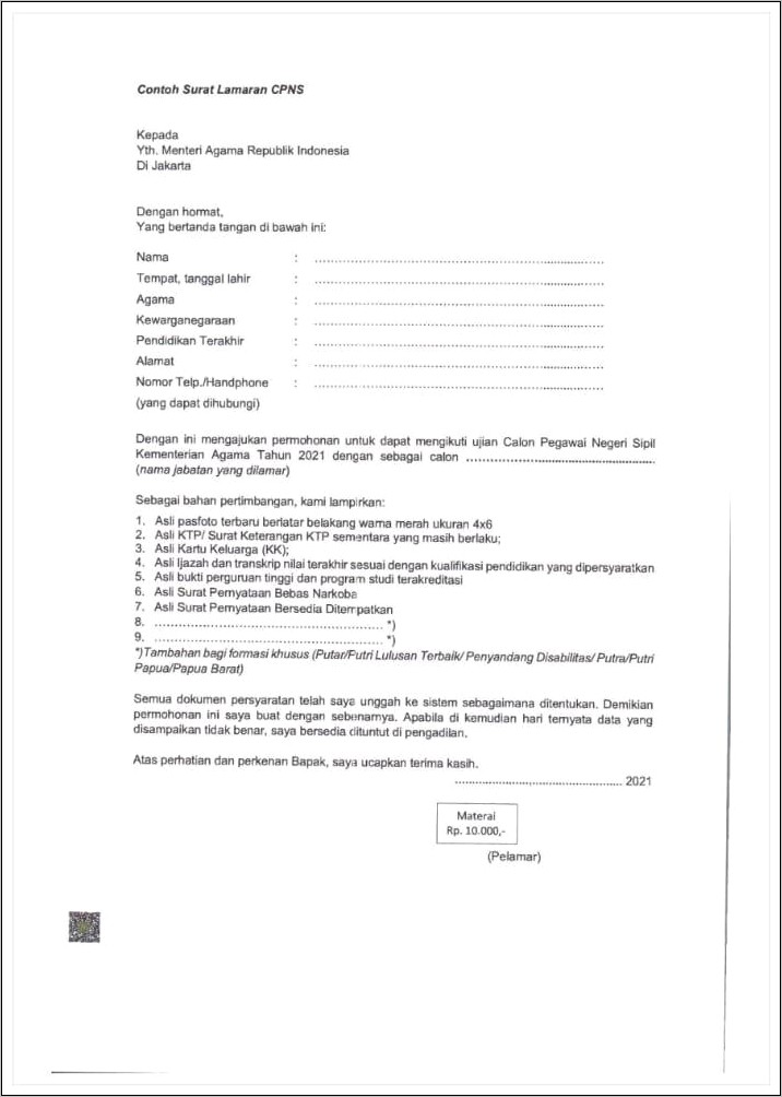 Contoh Surat Permohonan Tes Cpns