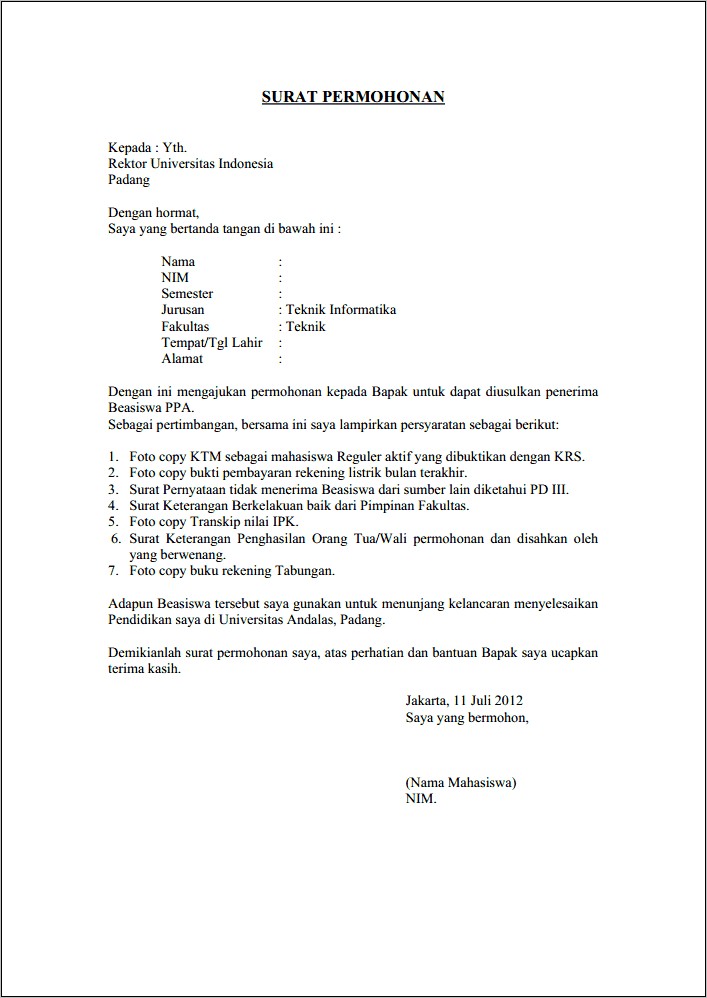 Contoh Surat Permohonan Ujian