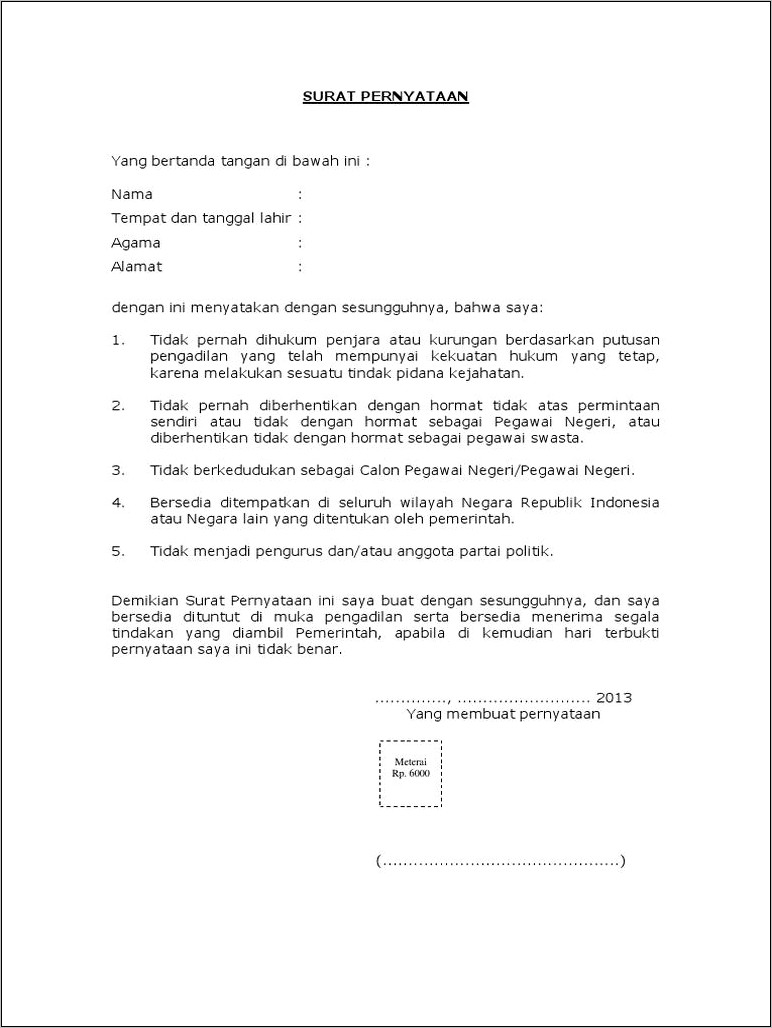 Contoh Surat Pernyataan 5 Hal