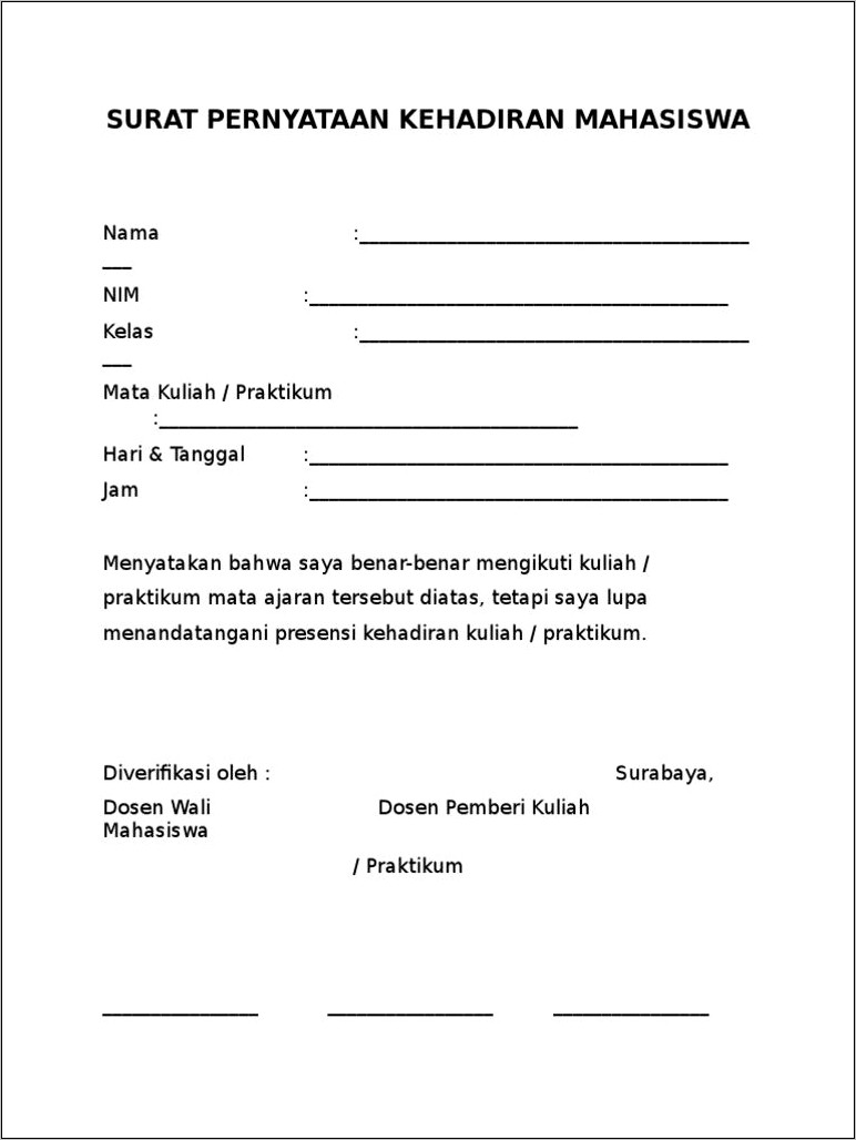 Contoh Surat Pernyataan Absensi  Surat Lamaran Kerja  Desain Contoh