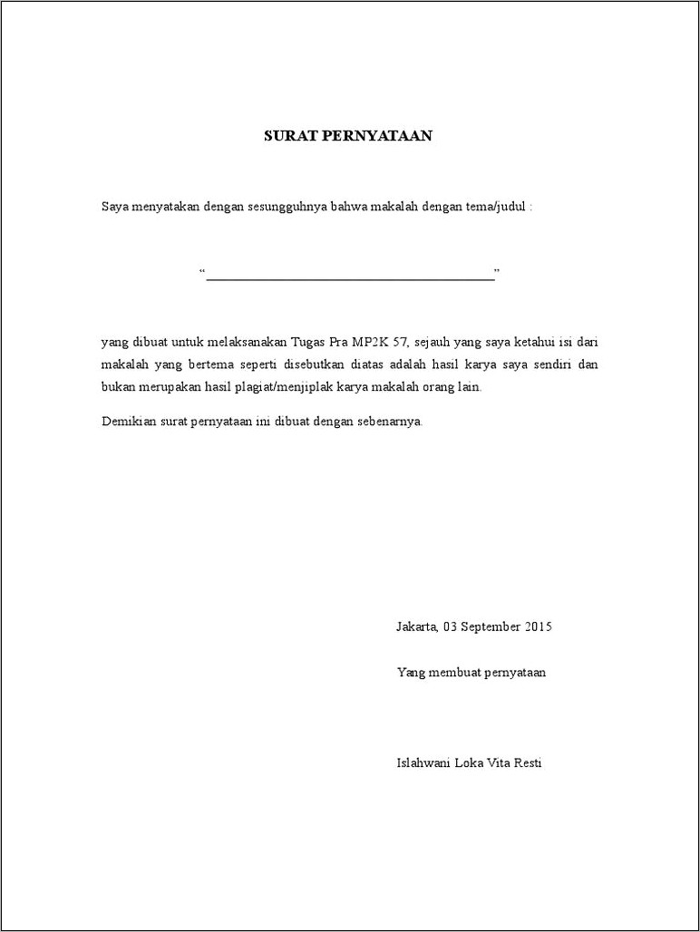 Contoh Surat Pernyataan Agar Tidak Melakukan Plagiat Untuk Kelompok