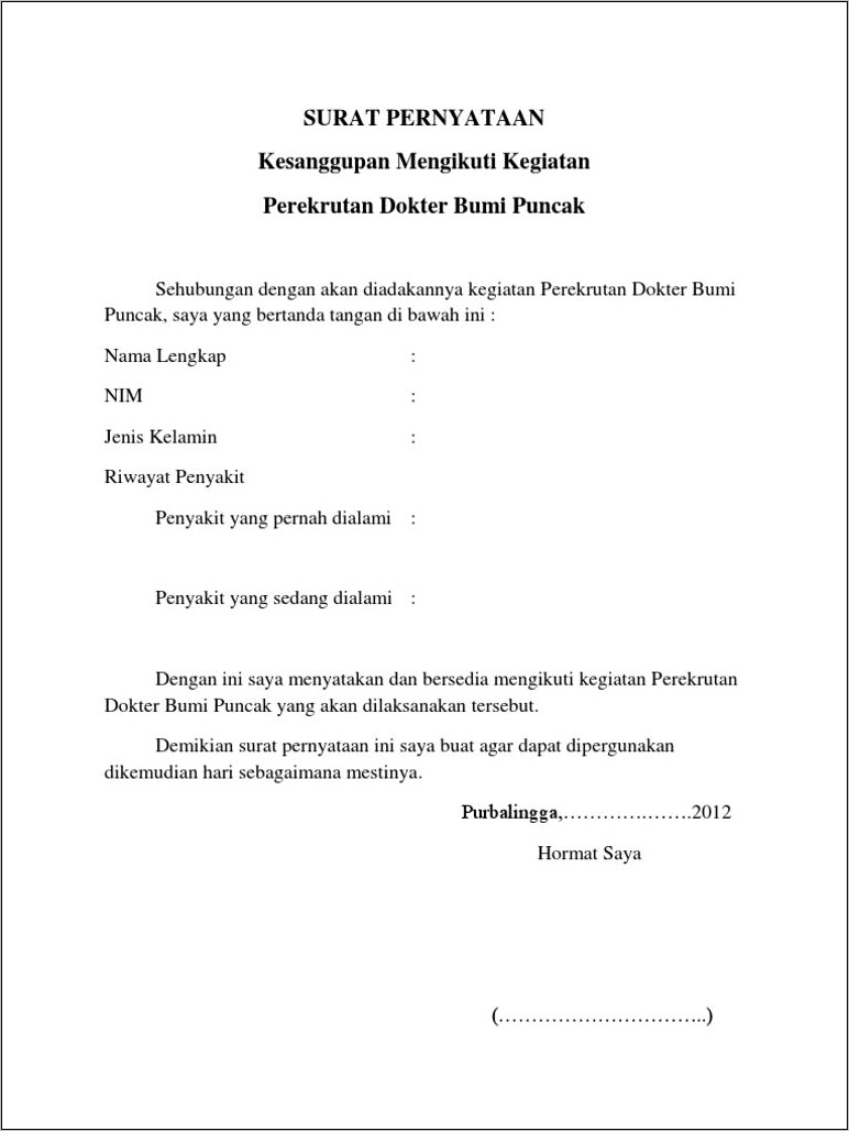 Contoh Surat Pernyataan Akan Mengikuti Kegiatan