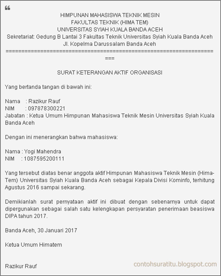 Contoh Surat Pernyataan Aktif Di Organisasi