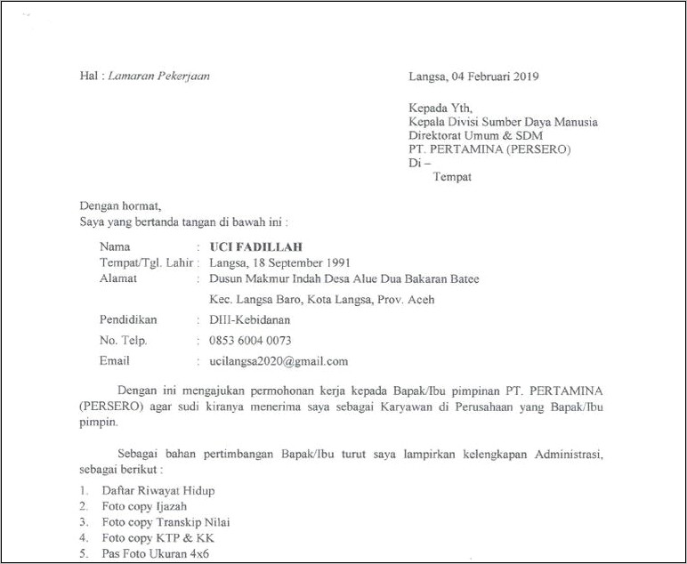 Contoh Surat Pernyataan Anak Perusahaan Pertamina