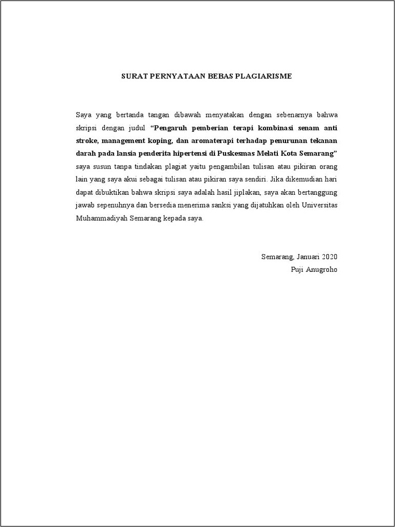 Contoh Surat Pernyataan Anti Plagiat