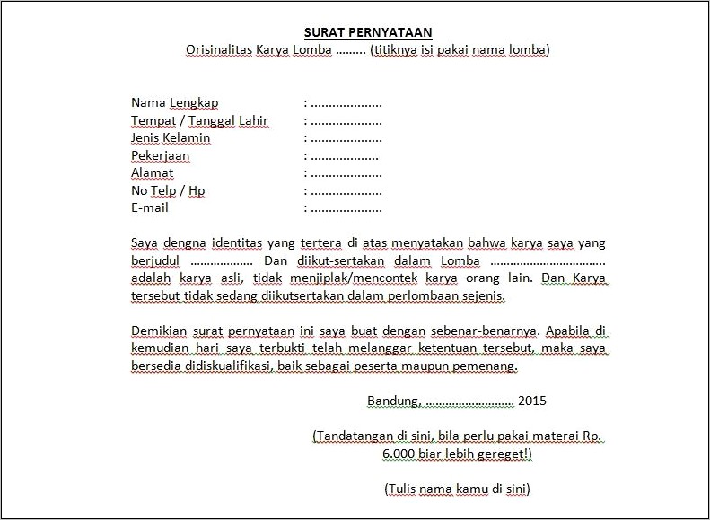 Contoh Surat Pernyataan Artikel Karya Sendiri Untuk Mengikuti Ogn