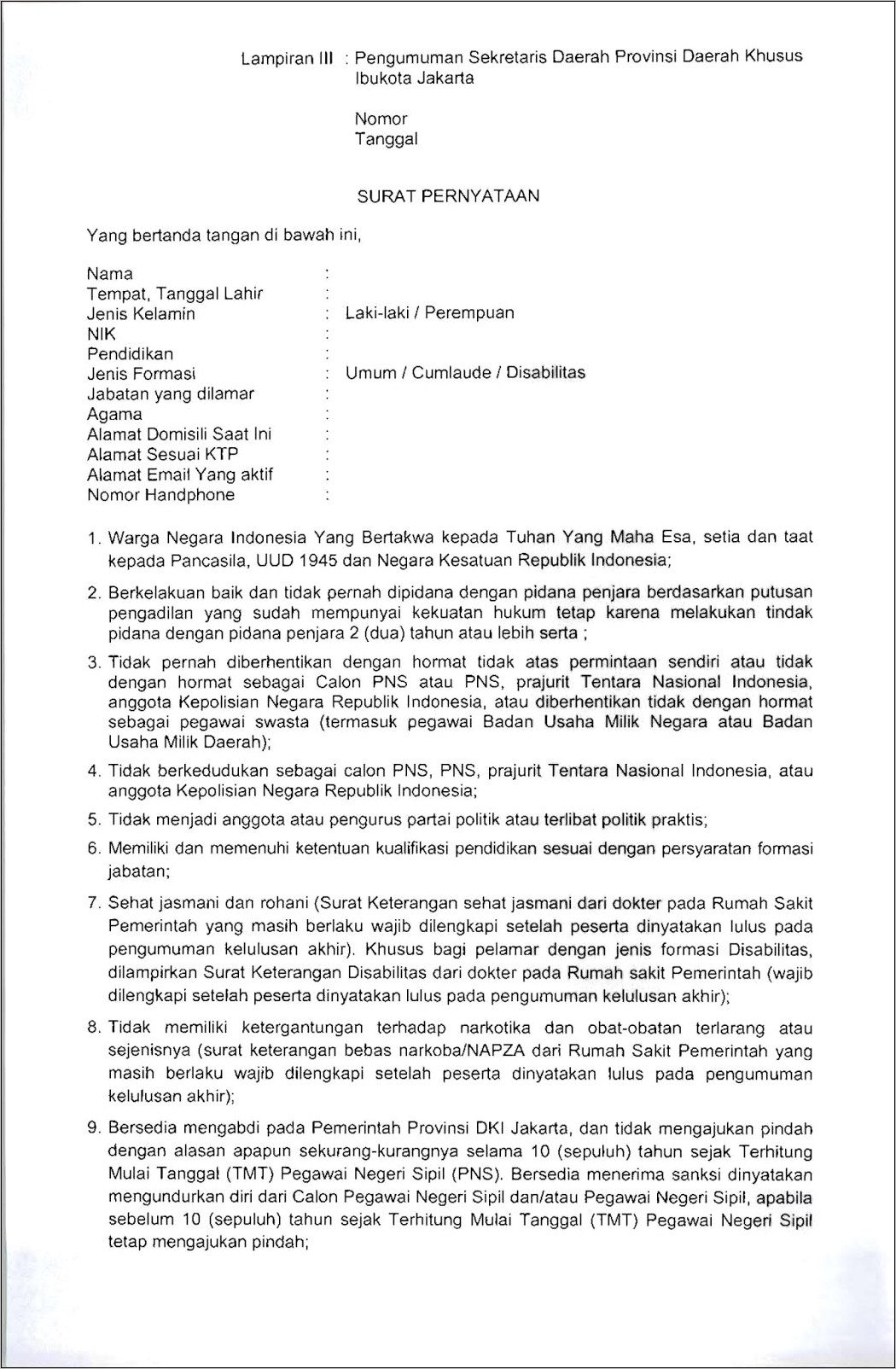 Contoh Surat Pernyataan Asli Cpns